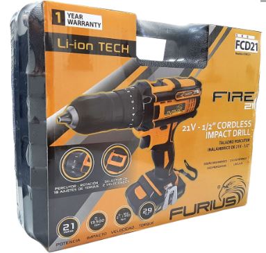 Taladro Furius Percutor DE 1/2 Inalambrico ION de Litio 21V 2 Baterias Y Estuche - Imagen 3