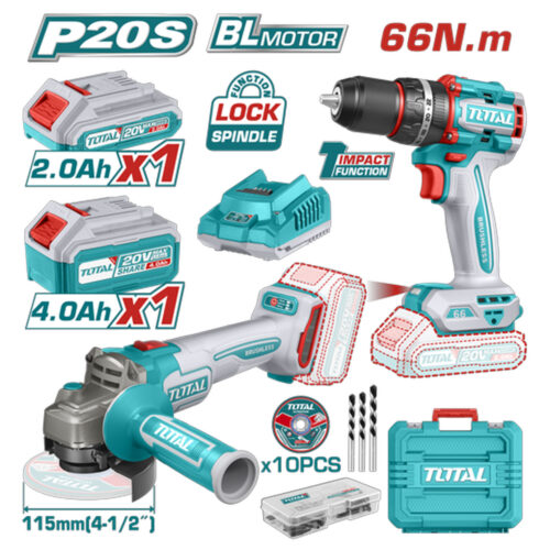 Combo Inalambrico Taladro 1/2" 20v 66nm + Pulidora 4 1/2" Incluye 1 Bateria 20v(4.0ah), 1 Bateria 20v(2.0ah) Cargador 20v, 10 Discos De Corte Y Accesorios Total (Utckli20273)