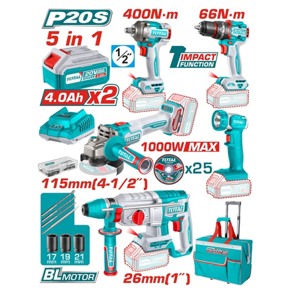 Combo Inalámbrico 20V Industrial SUPER TOTAL – 5 Herramientas